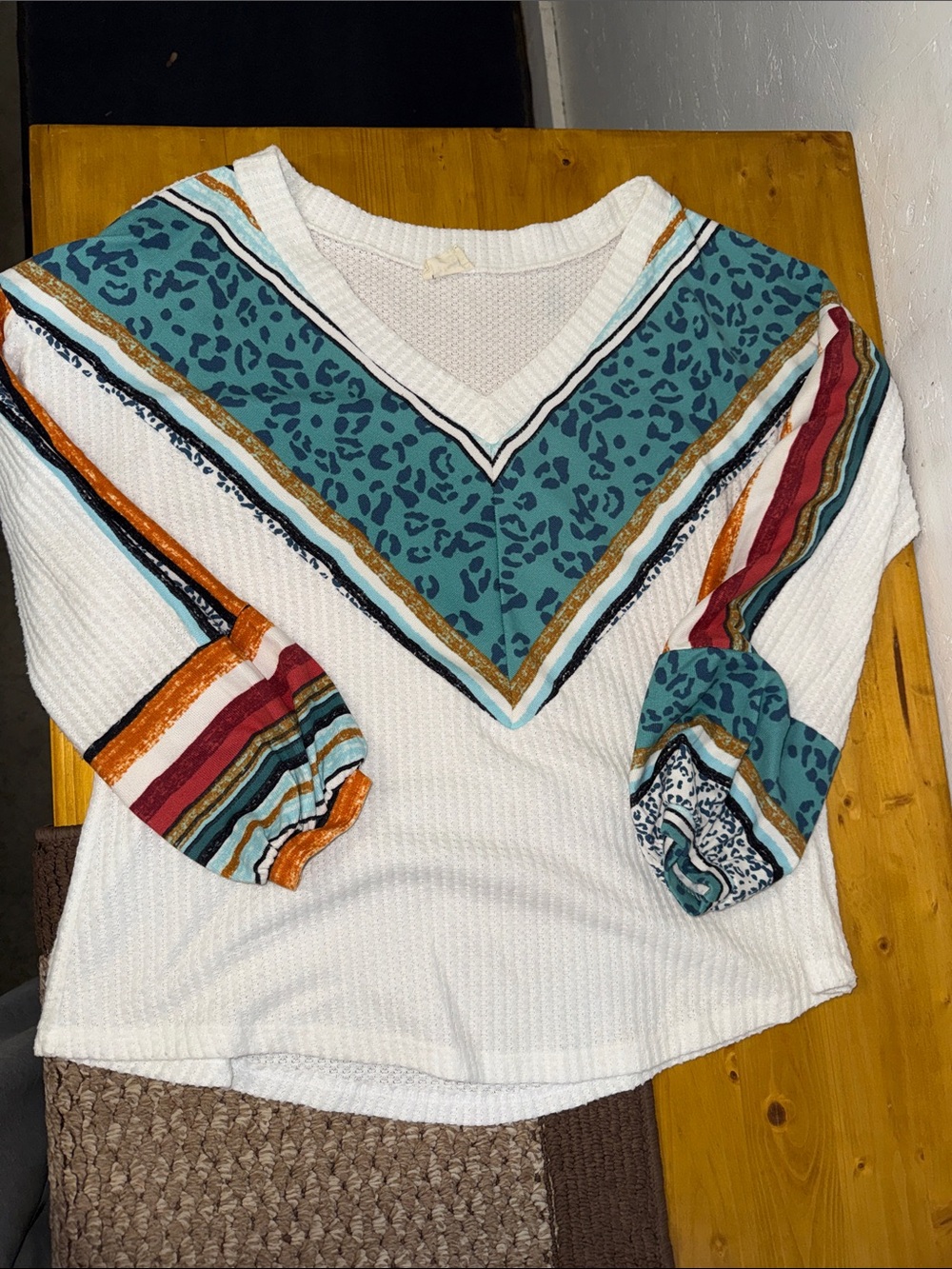 Lovely Melody White Waffle Knit Top with Teal Leopard V and Multi-Stripe Sleeves